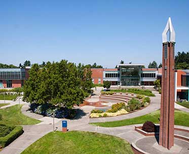 Fountain, tower, campus