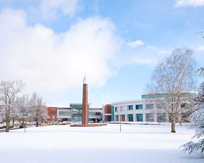 campus in the winter snow